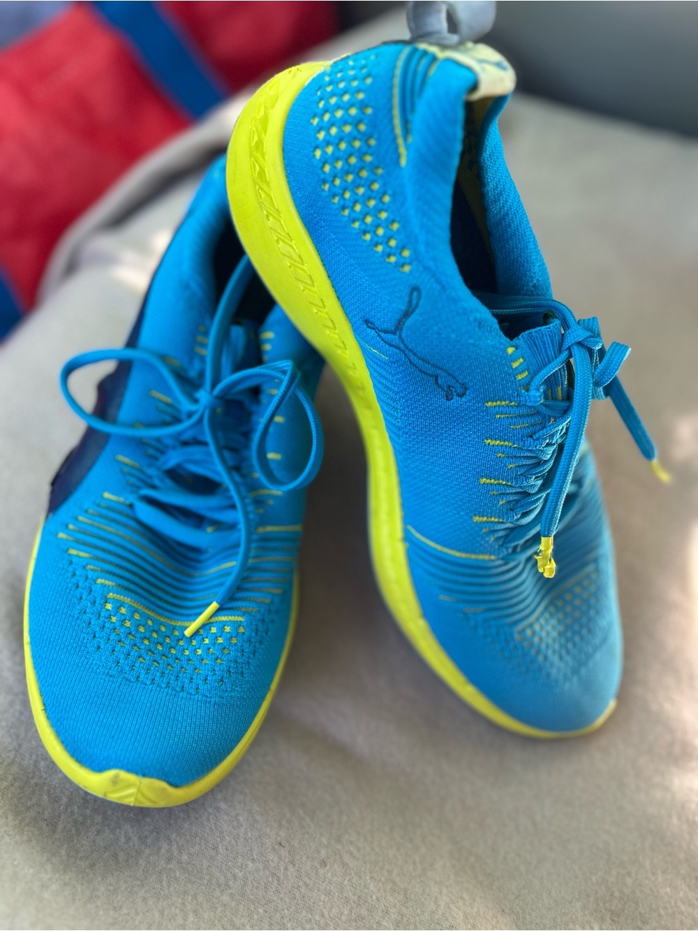 Puma Men Ignite proknit Athletic Shoes in Bright Blue and Neon Yellow size 8